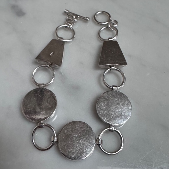 925 Sterling Silver Round & Trapezoid Shape Abalone Chain Link Toggle Bracelet - Picture 7 of 13